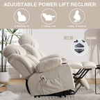 Fauteuil inclinable ergonomique avec releveur électrique, canapé chauffant et massant en tissu avec chargement USB, poches latérales et télécommande