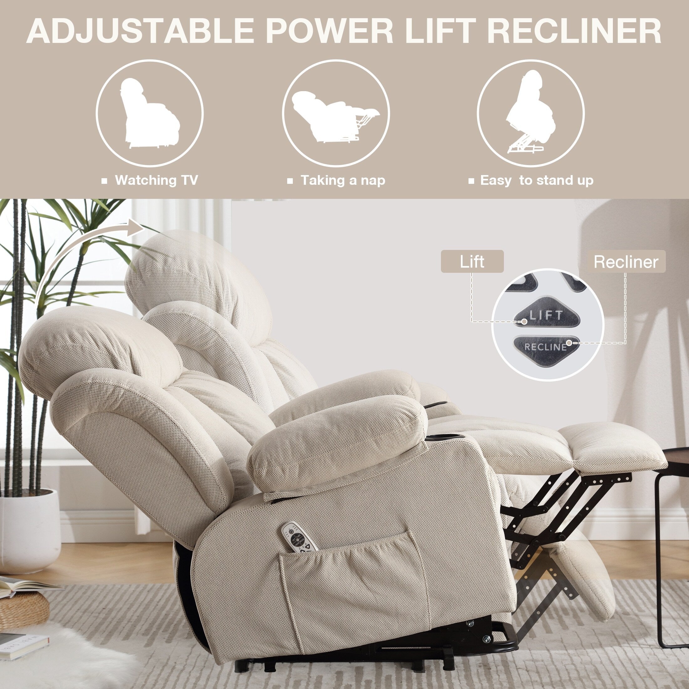 Fauteuil inclinable ergonomique avec releveur électrique, canapé chauffant et massant en tissu avec chargement USB, poches latérales et télécommande