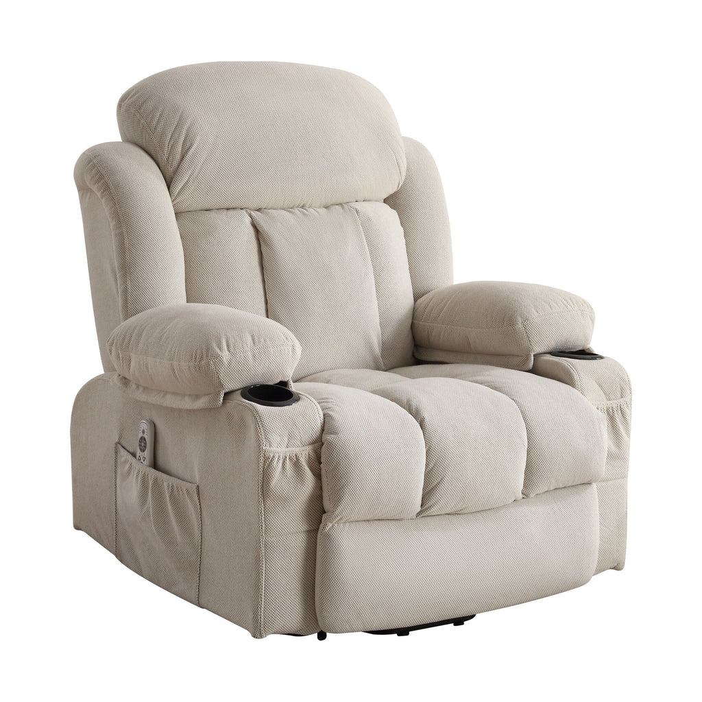 Fauteuil inclinable ergonomique avec releveur électrique, canapé chauffant et massant en tissu avec chargement USB, poches latérales et télécommande