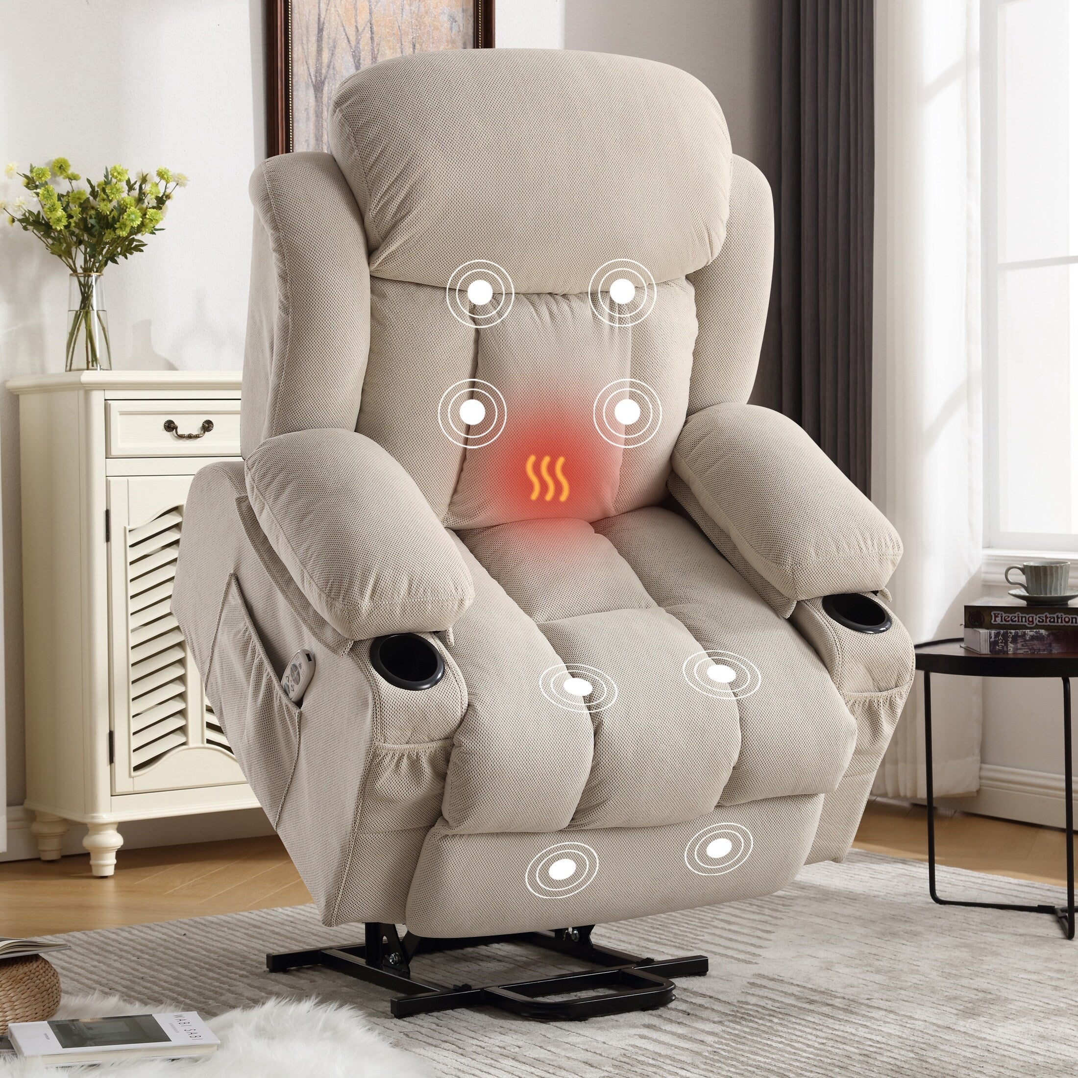 Fauteuil inclinable ergonomique avec releveur électrique, canapé chauffant et massant en tissu avec chargement USB, poches latérales et télécommande