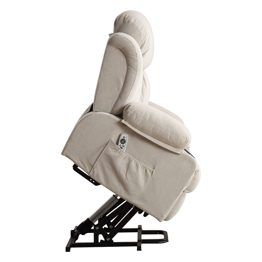Fauteuil inclinable ergonomique avec releveur électrique, canapé chauffant et massant en tissu avec chargement USB, poches latérales et télécommande