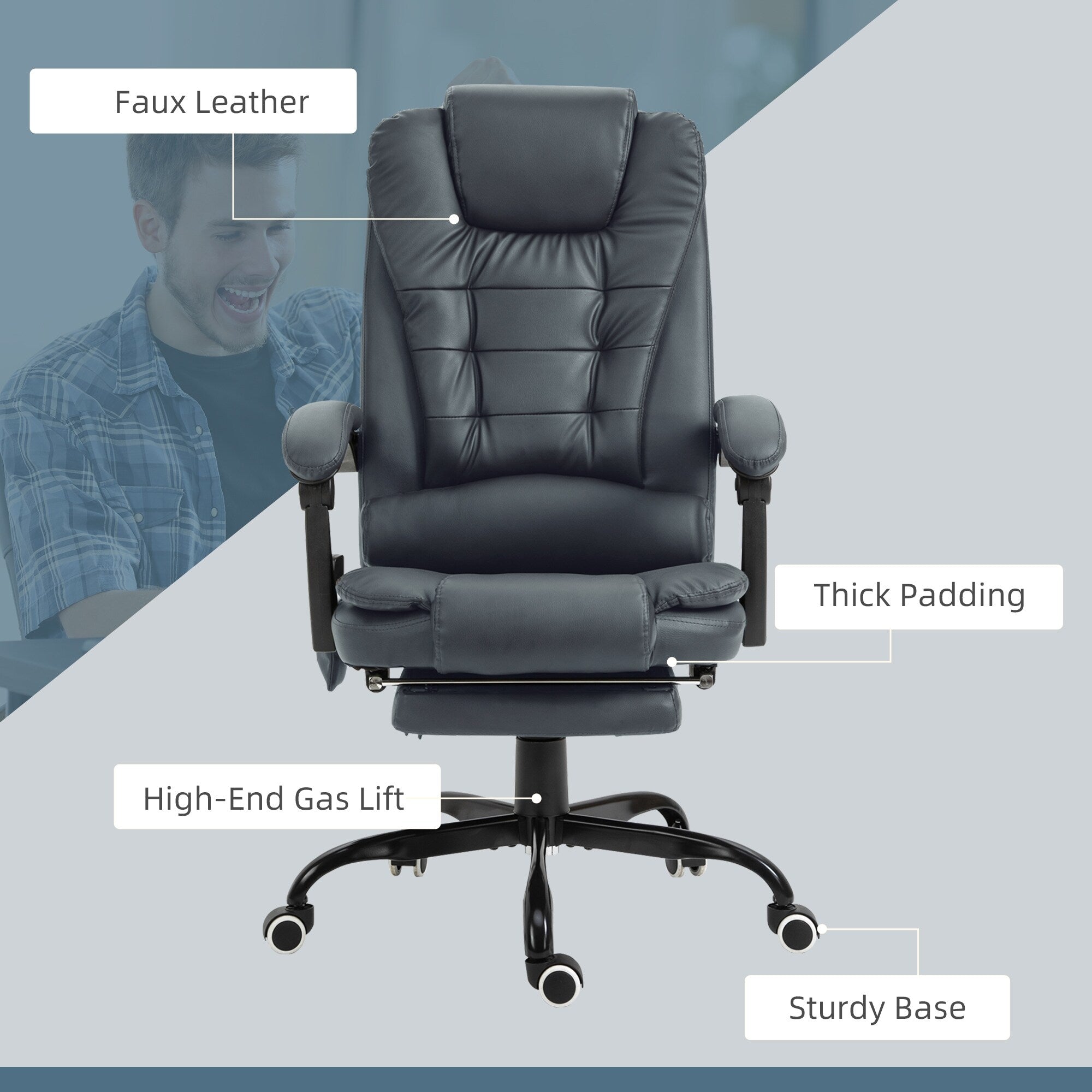Chaise de bureau ergonomique à vibrations et massage avec dossier inclinable, hauteur réglable et repose-pieds rétractable