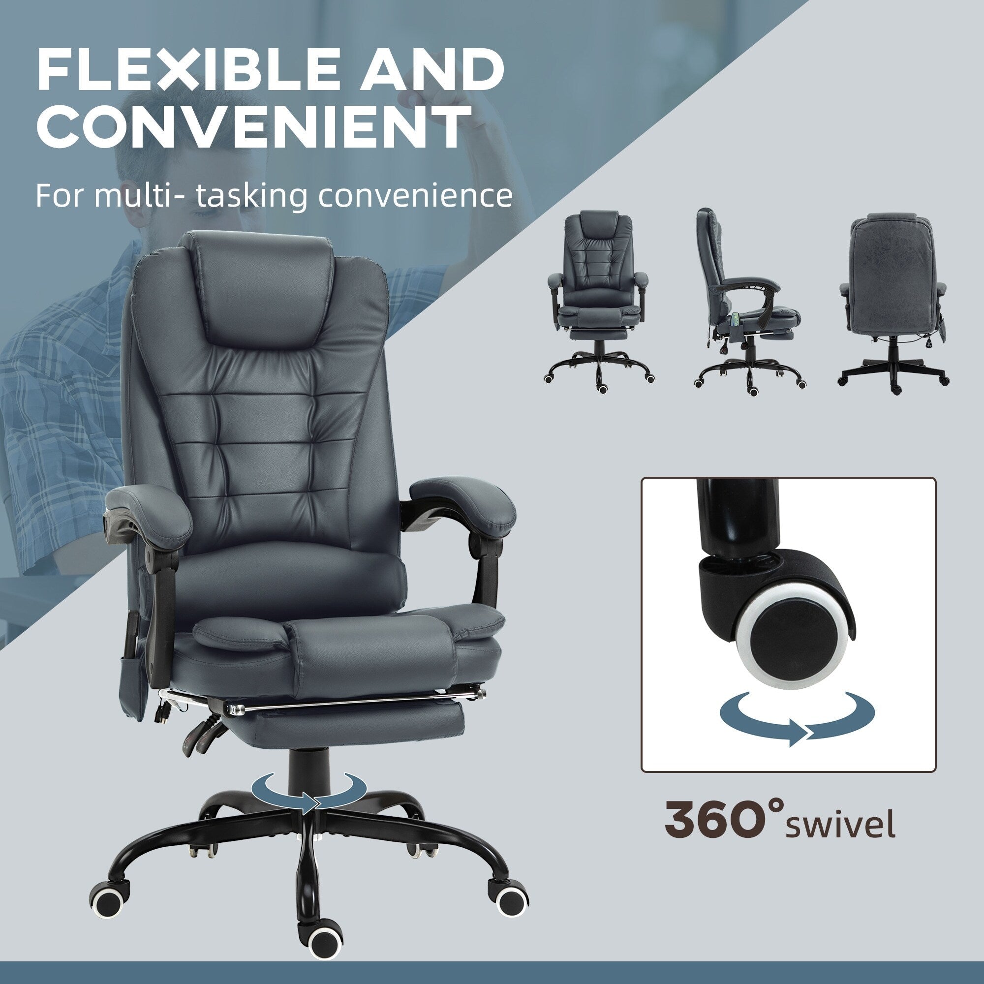 Chaise de bureau ergonomique à vibrations et massage avec dossier inclinable, hauteur réglable et repose-pieds rétractable
