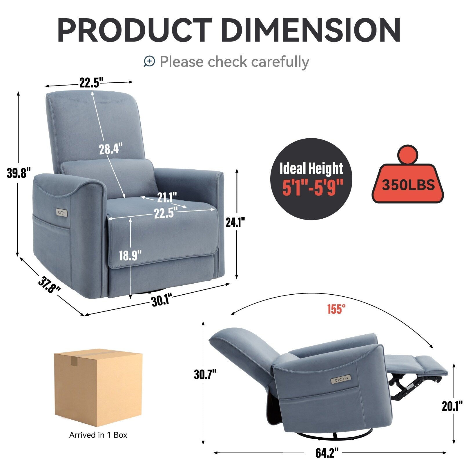 Fauteuil inclinable pivotant et ergonomique, fauteuil à bascule électrique, canapé simple, mécanisme de mouvement robuste avec ports USB et Type-C