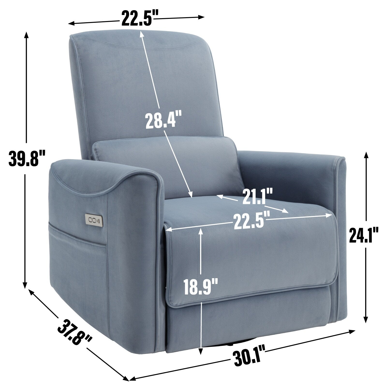 Fauteuil inclinable pivotant et ergonomique, fauteuil à bascule électrique, canapé simple, mécanisme de mouvement robuste avec ports USB et Type-C