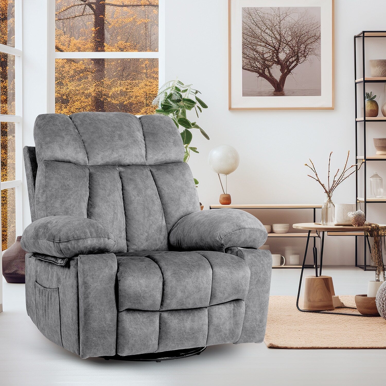 Fauteuil de massage pivotant ergonomique en velours avec chauffage, 8 points de massage, base à bascule, chargement USB, porte-gobelets et poches latérales