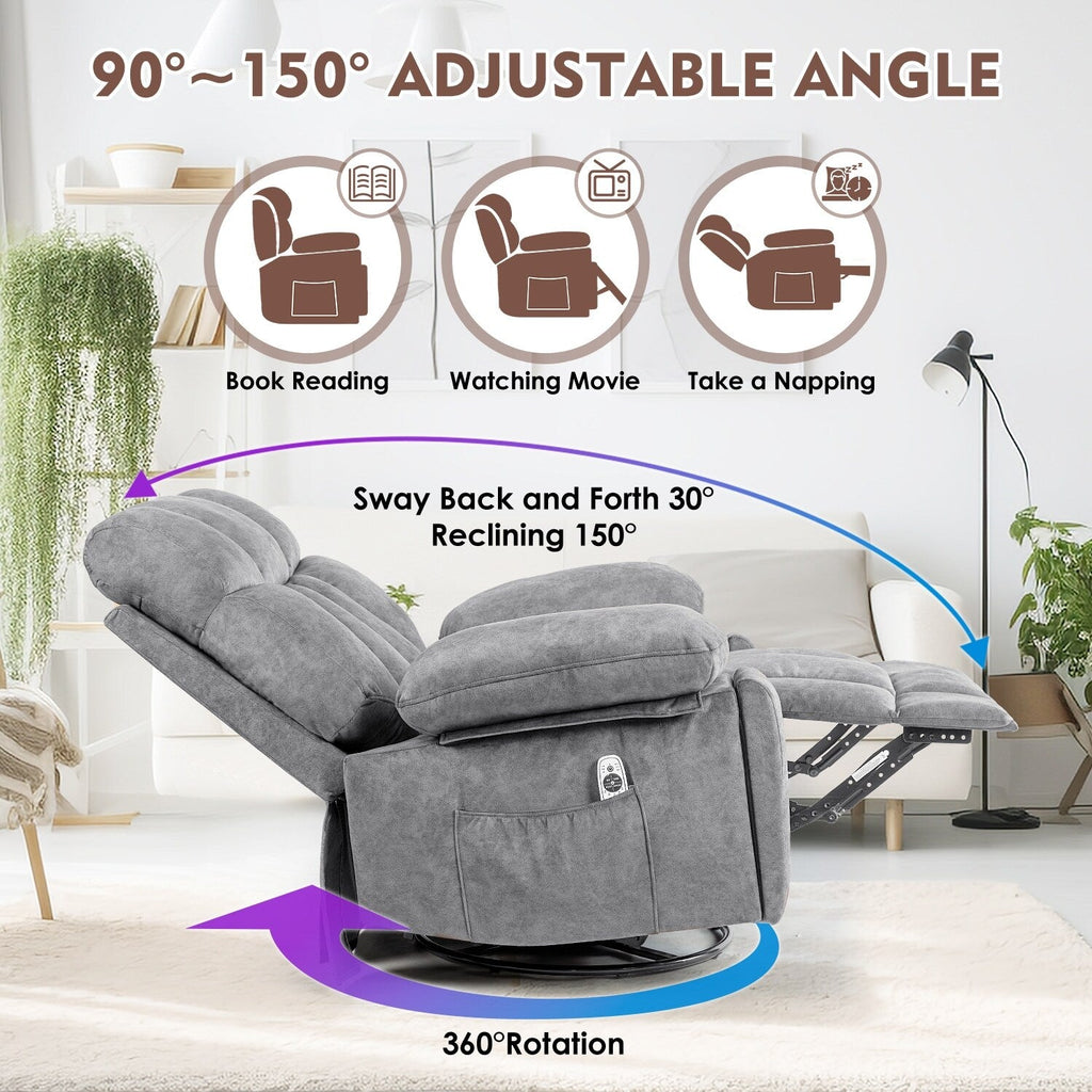 Fauteuil de massage pivotant ergonomique en velours avec chauffage, 8 points de massage, base à bascule, chargement USB, porte-gobelets et poches latérales