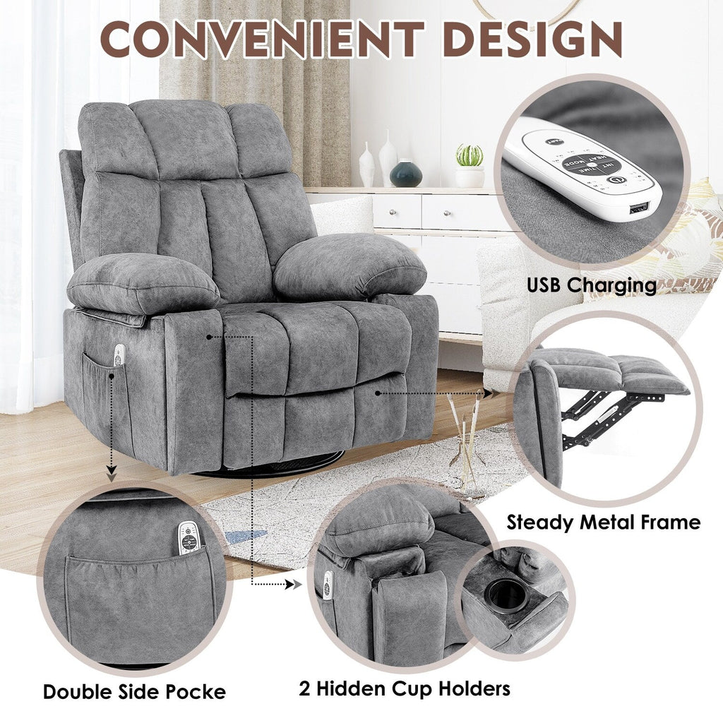 Fauteuil de massage pivotant ergonomique en velours avec chauffage, 8 points de massage, base à bascule, chargement USB, porte-gobelets et poches latérales