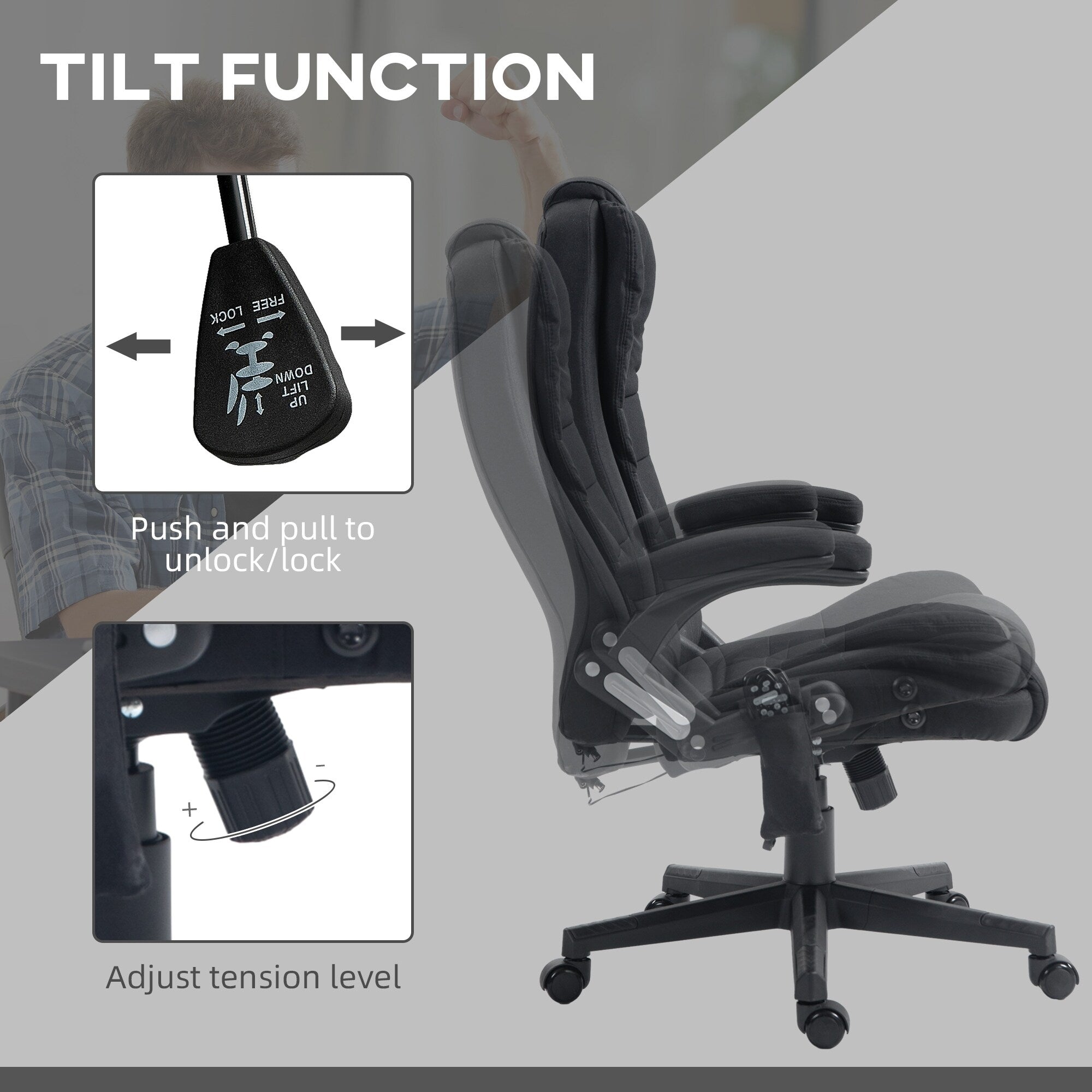 Fauteuil de bureau ergonomique à vibrations et massage, dossier réglable, inclinable, avec 6 points de massage et chauffage lombaire