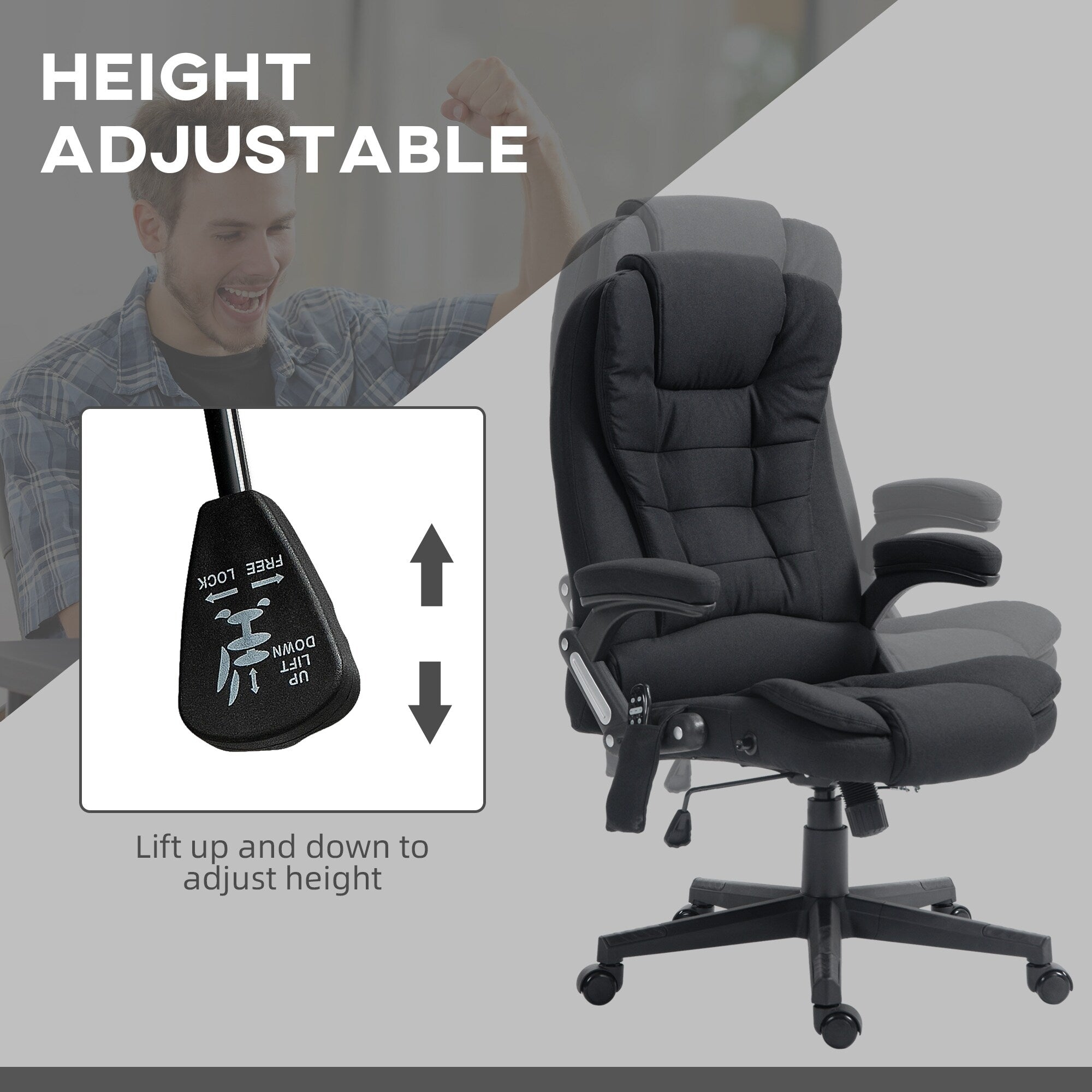 Fauteuil de bureau ergonomique à vibrations et massage, dossier réglable, inclinable, avec 6 points de massage et chauffage lombaire
