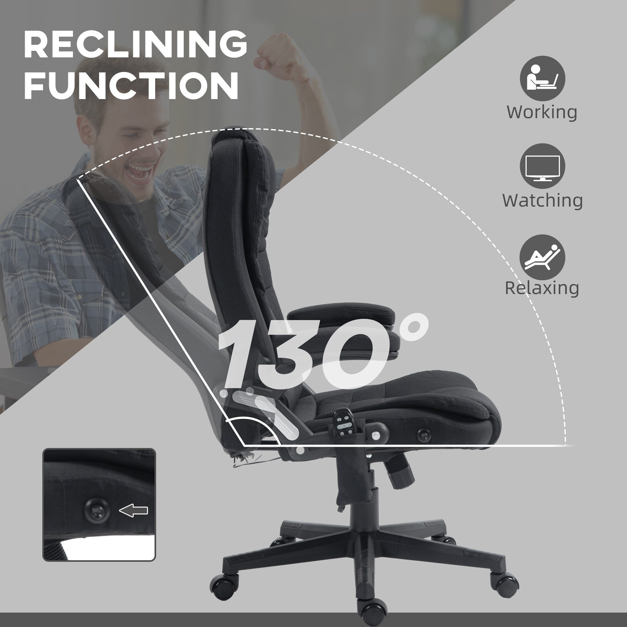 Fauteuil de bureau ergonomique à vibrations et massage, dossier réglable, inclinable, avec 6 points de massage et chauffage lombaire