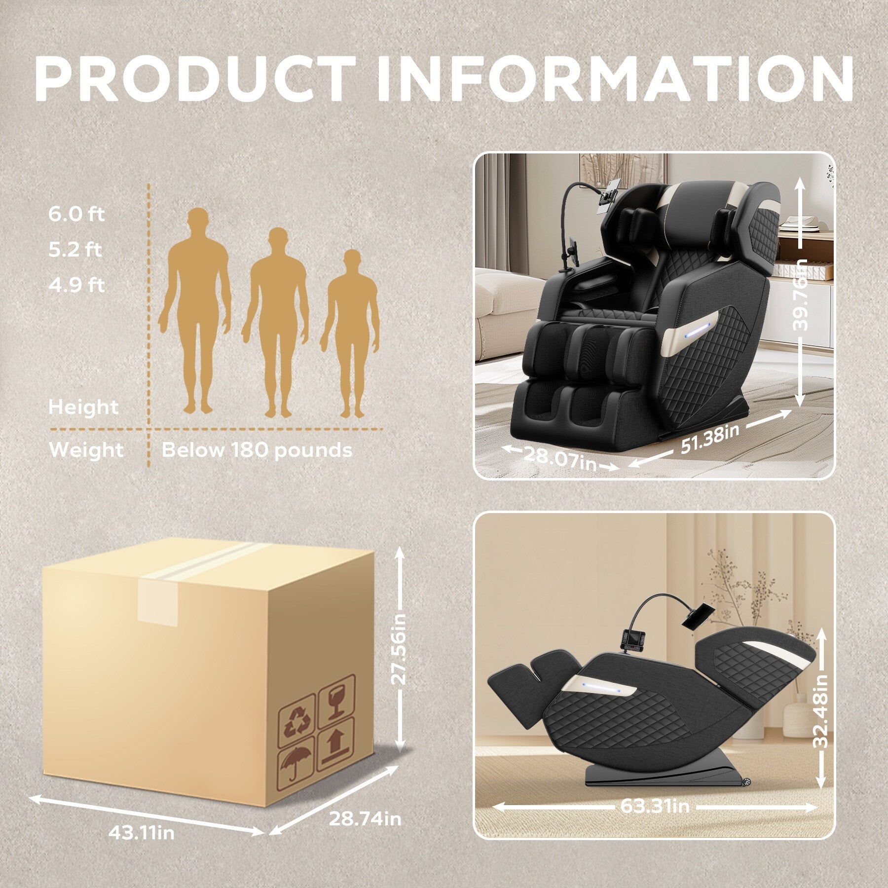 Fauteuil de massage ergonomique à gravité zéro avec airbag, chauffage et Bluetooth, repose-pieds réglable