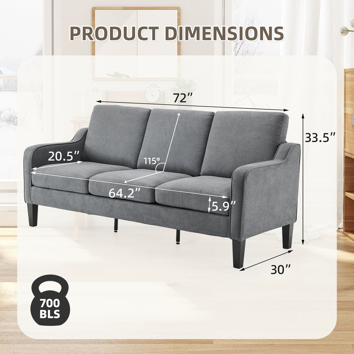 Canapé 3 places Erommy, canapé 72 places pour salon, canapé en tissu moderne avec 4 pieds en bois et 2 tiges de support en métal pour chambre