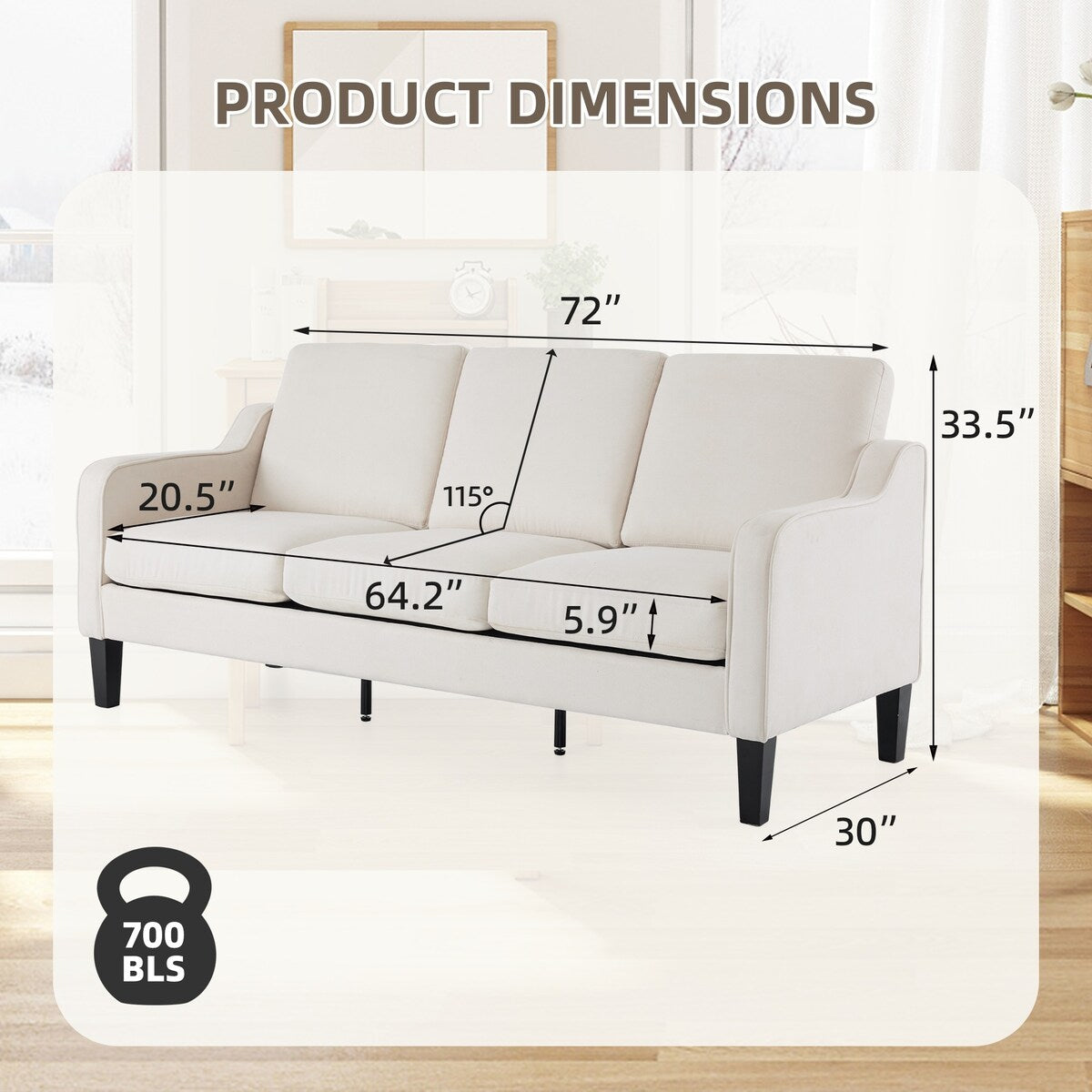 Canapé 3 places Erommy, canapé 72 places pour salon, canapé en tissu moderne avec 4 pieds en bois et 2 tiges de support en métal pour chambre