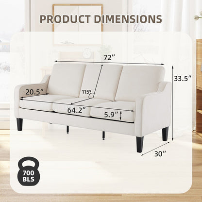 Canapé 3 places Erommy, canapé 72 places pour salon, canapé en tissu moderne avec 4 pieds en bois et 2 tiges de support en métal pour chambre