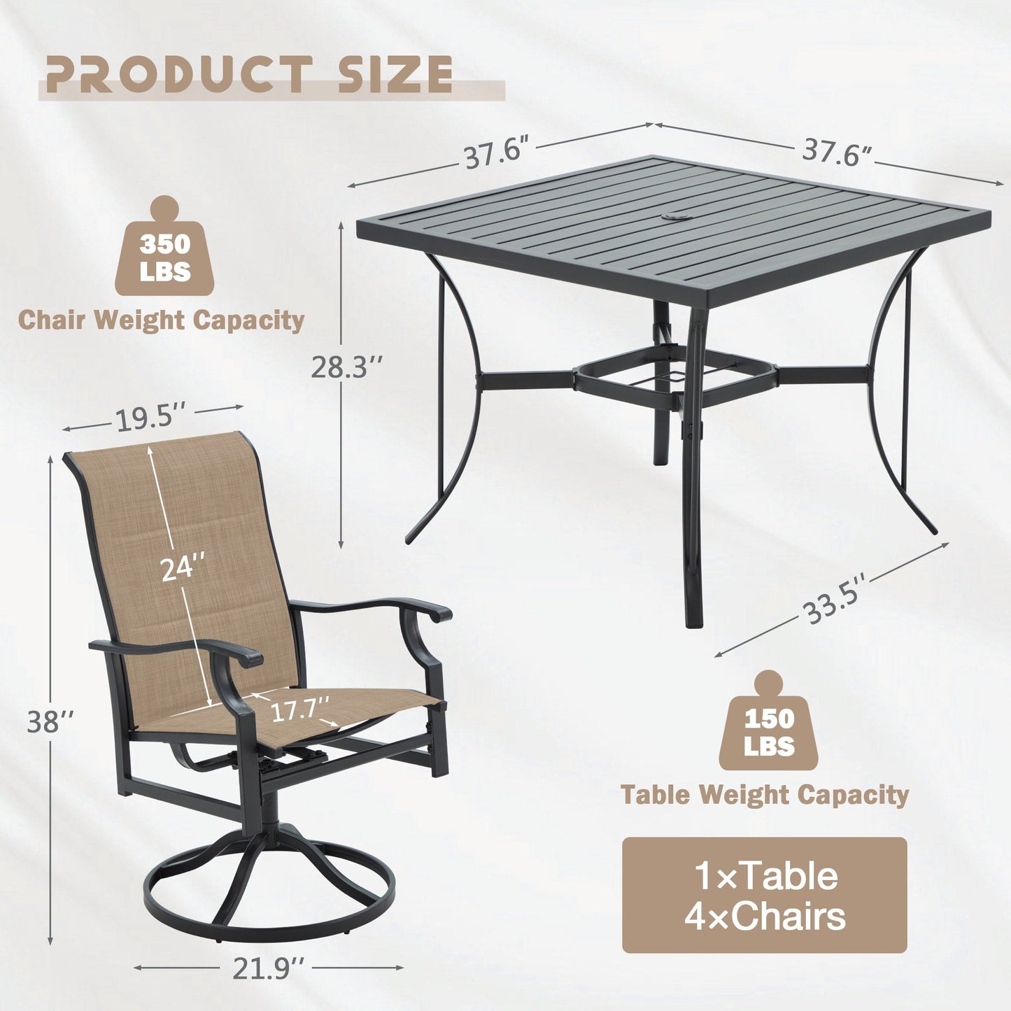 Ensembles de salle à manger d'extérieur polyvalents avec chaises pivotantes/pliantes, table à lattes en acier et table à manger en PEHD pour jardins et terrasses