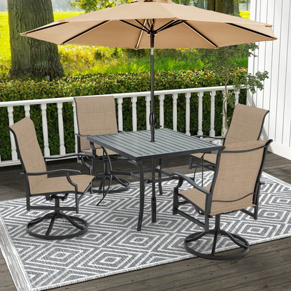 Ensembles de salle à manger d'extérieur polyvalents avec chaises pivotantes/pliantes, table à lattes en acier et table à manger en PEHD pour jardins et terrasses