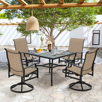 Ensembles de salle à manger d'extérieur polyvalents avec chaises pivotantes/pliantes, table à lattes en acier et table à manger en PEHD pour jardins et terrasses