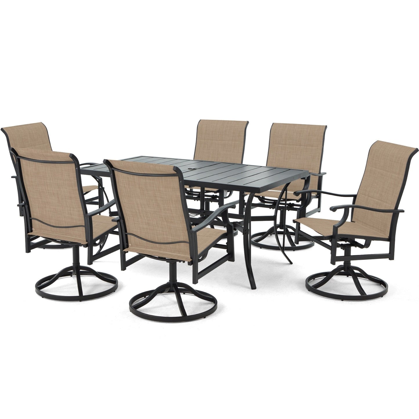 Ensembles de salle à manger d'extérieur polyvalents avec chaises pivotantes/pliantes, table à lattes en acier et table à manger en PEHD pour jardins et terrasses