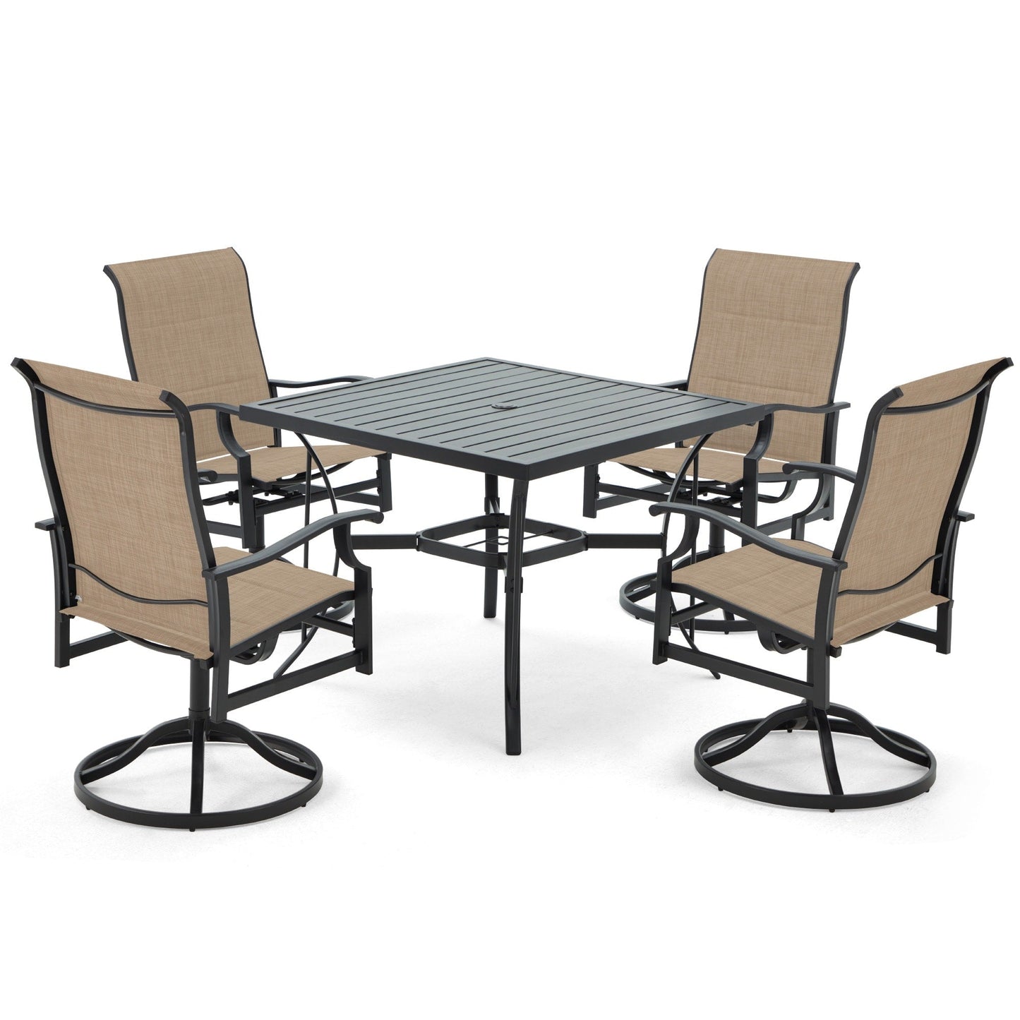 Ensembles de salle à manger d'extérieur polyvalents avec chaises pivotantes/pliantes, table à lattes en acier et table à manger en PEHD pour jardins et terrasses