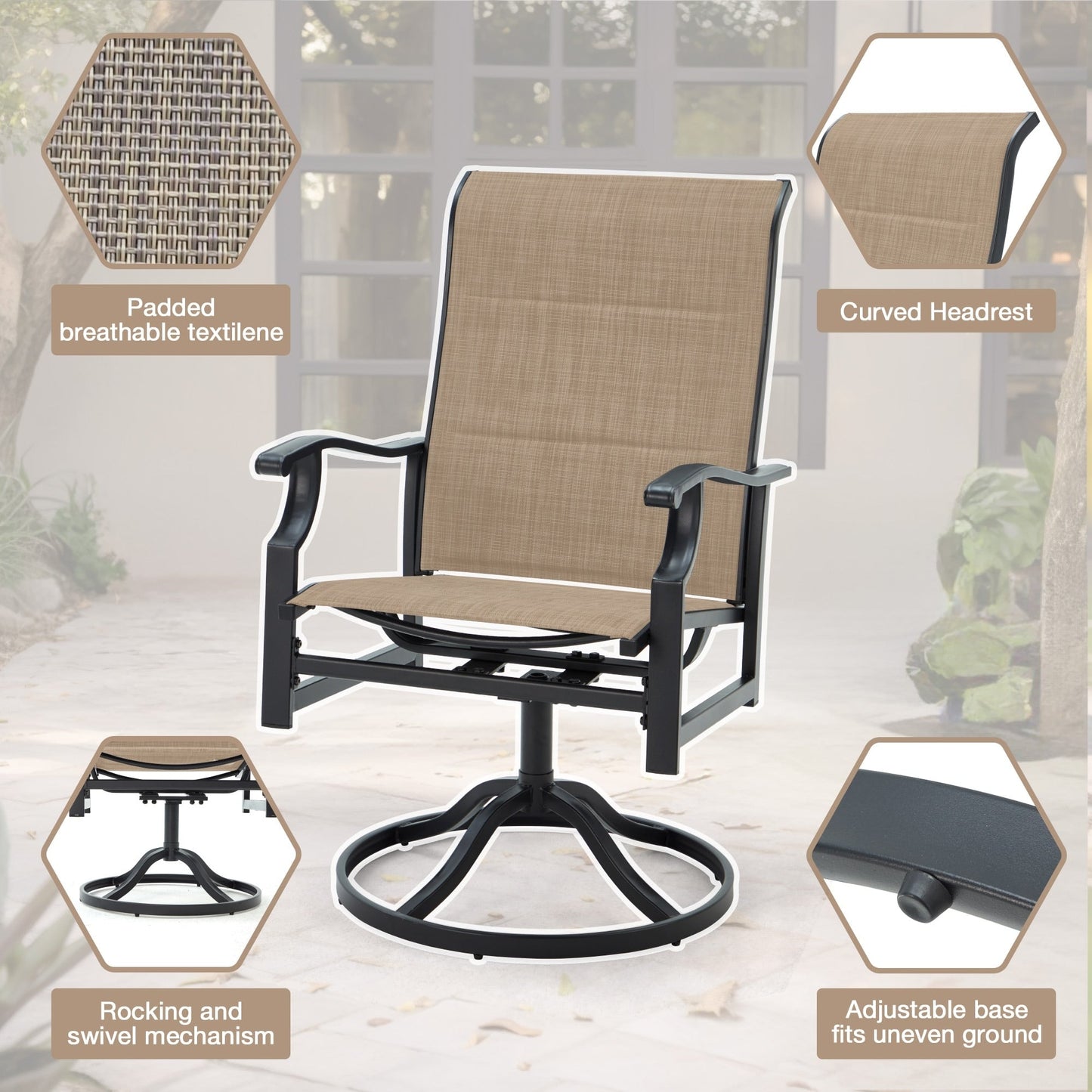 Ensembles de salle à manger d'extérieur polyvalents avec chaises pivotantes/pliantes, table à lattes en acier et table à manger en PEHD pour jardins et terrasses