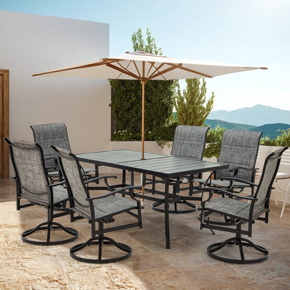 Ensembles de salle à manger d'extérieur polyvalents avec chaises pivotantes/pliantes, table à lattes en acier et table à manger en PEHD pour jardins et terrasses