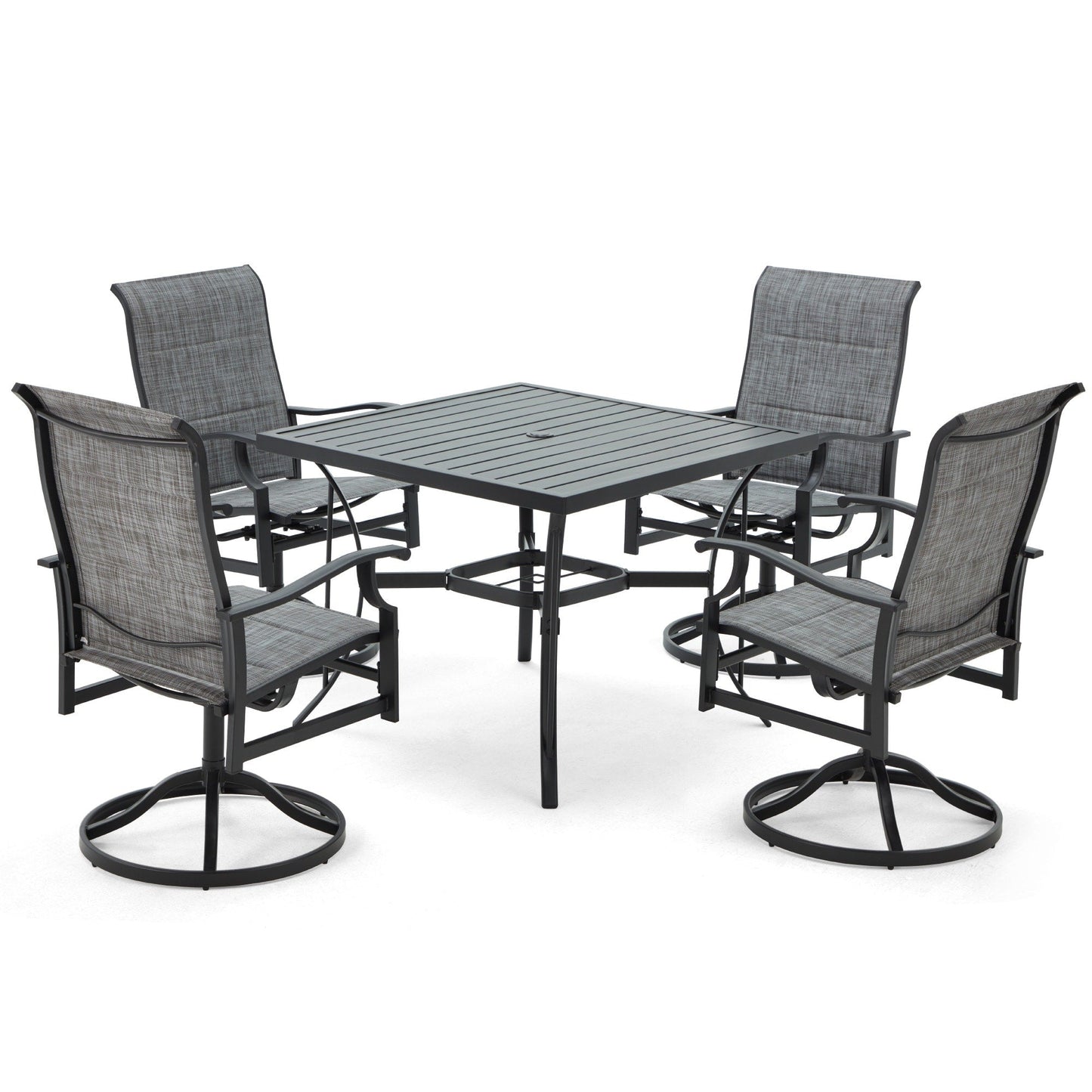 Ensembles de salle à manger d'extérieur polyvalents avec chaises pivotantes/pliantes, table à lattes en acier et table à manger en PEHD pour jardins et terrasses