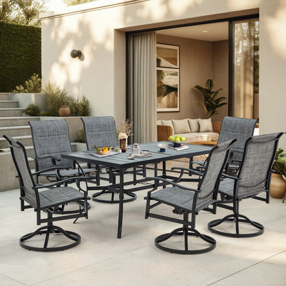 Ensembles de salle à manger d'extérieur polyvalents avec chaises pivotantes/pliantes, table à lattes en acier et table à manger en PEHD pour jardins et terrasses