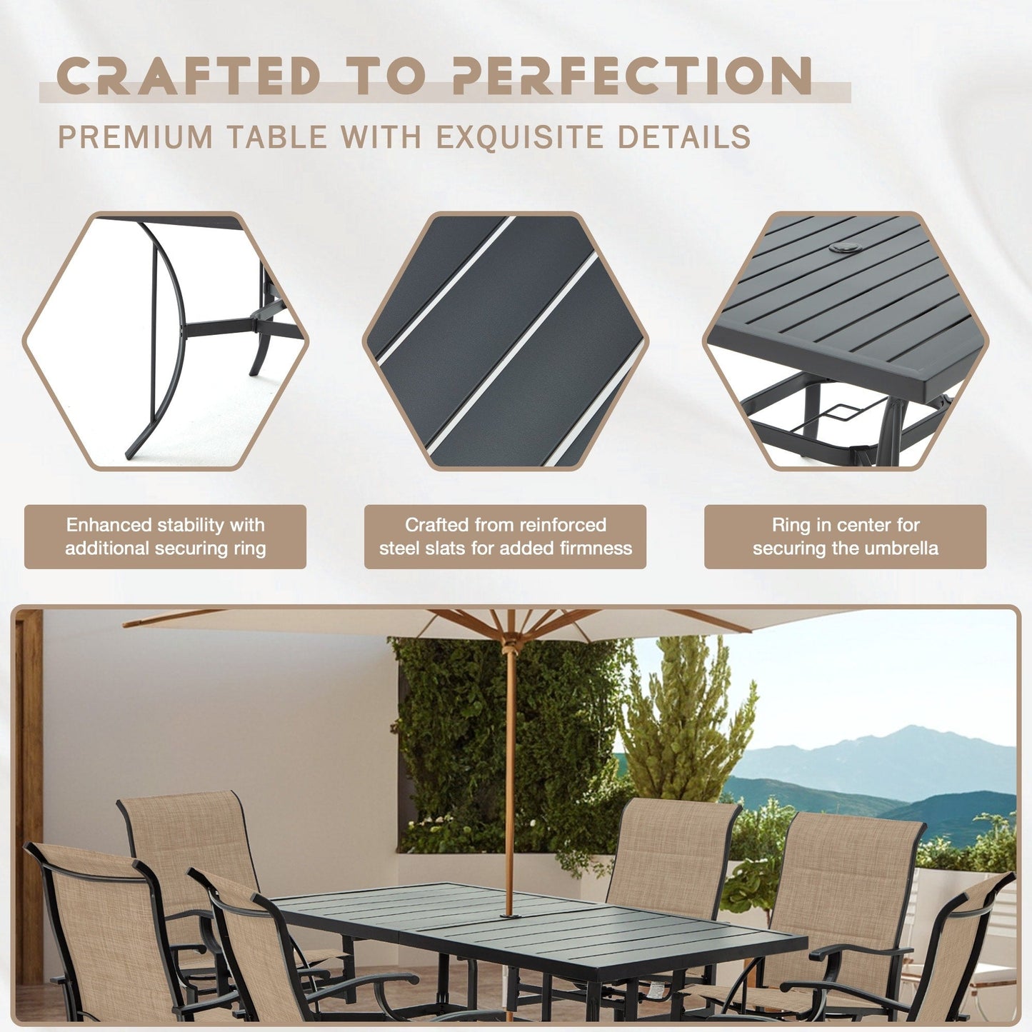 Ensembles de salle à manger d'extérieur polyvalents avec chaises pivotantes/pliantes, table à lattes en acier et table à manger en PEHD pour jardins et terrasses