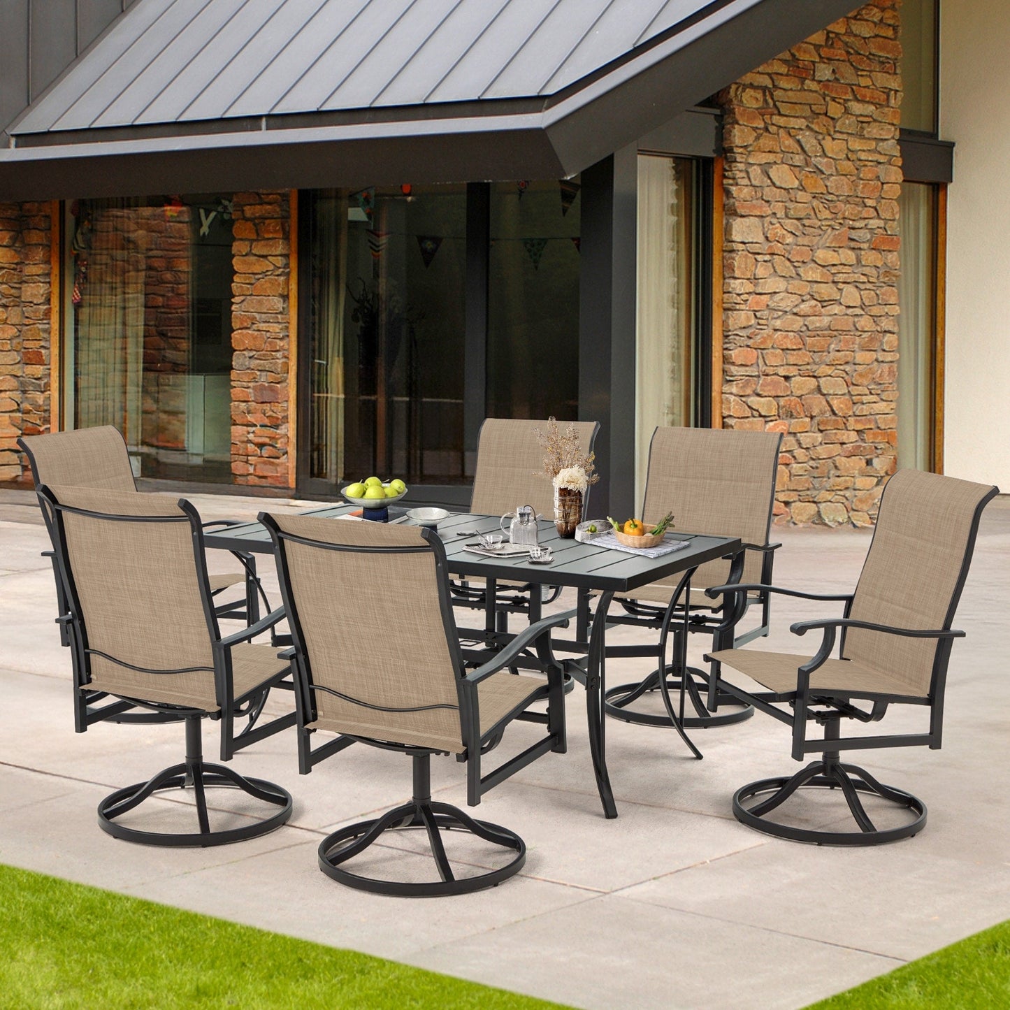 Ensembles de salle à manger d'extérieur polyvalents avec chaises pivotantes/pliantes, table à lattes en acier et table à manger en PEHD pour jardins et terrasses