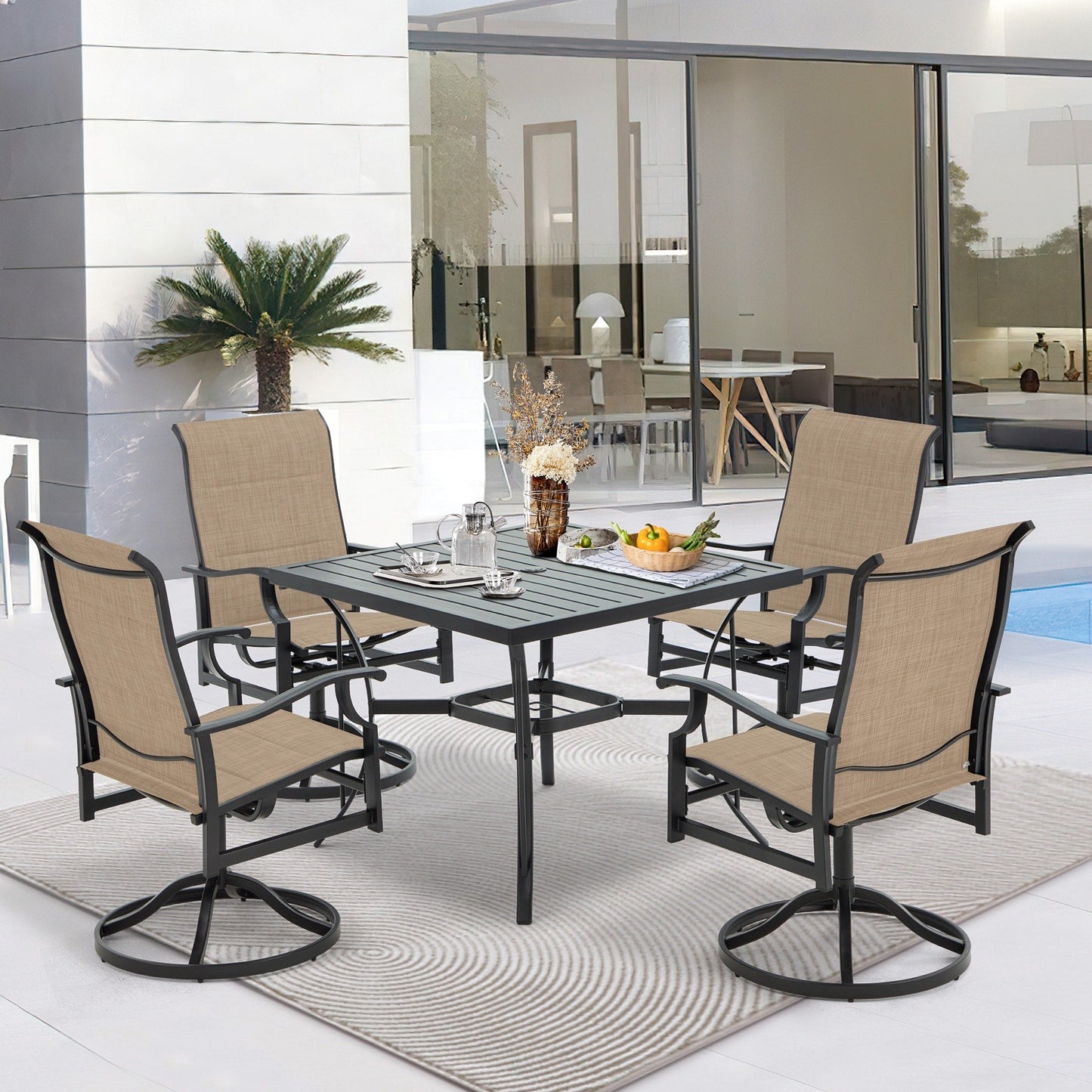 Ensembles de salle à manger d'extérieur polyvalents avec chaises pivotantes/pliantes, table à lattes en acier et table à manger en PEHD pour jardins et terrasses