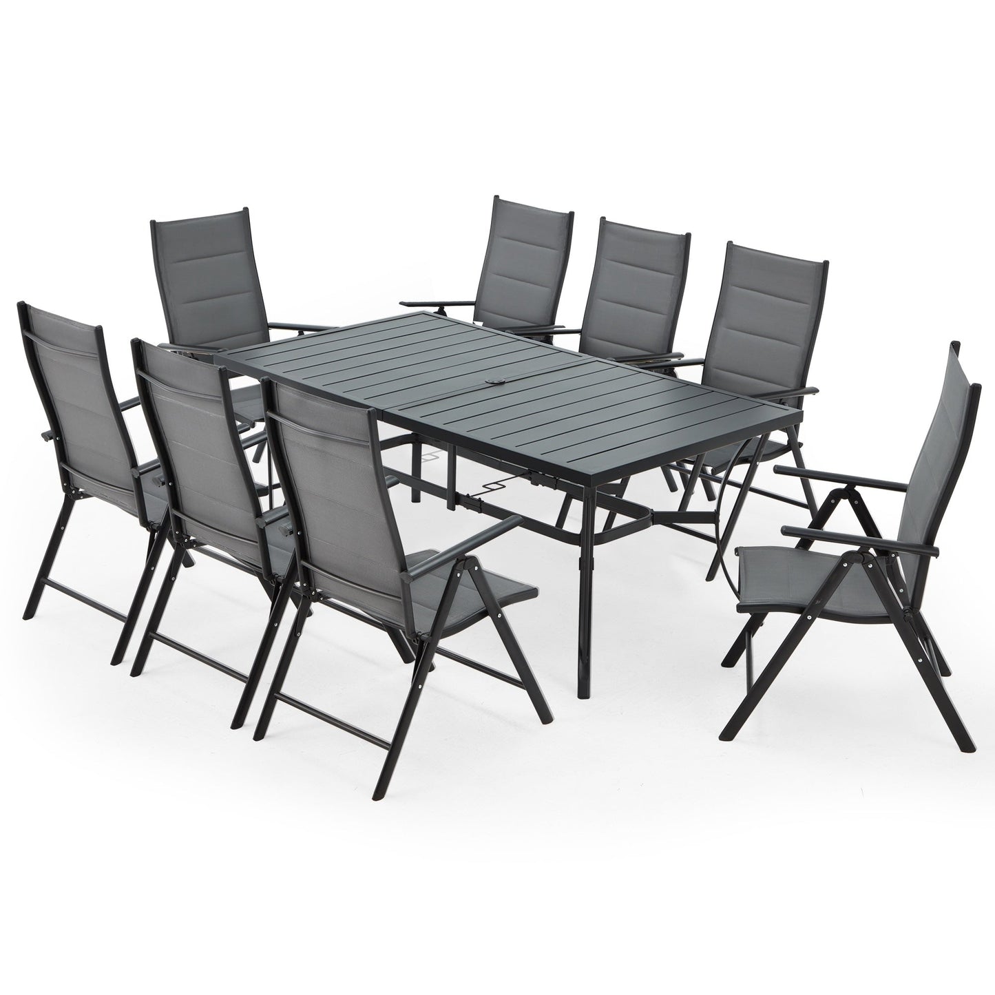 Ensembles de salle à manger d'extérieur polyvalents avec chaises pivotantes/pliantes, table à lattes en acier et table à manger en PEHD pour jardins et terrasses