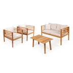 Ensemble de patio extérieur Everly 4 pièces en bois d'acacia moderne du milieu du siècle avec coussins et oreillers décoratifs à carreaux, par JONATHAN Y