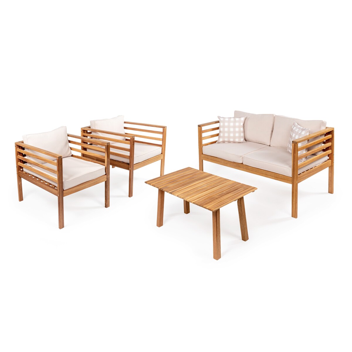 Ensemble de patio extérieur Everly 4 pièces en bois d'acacia moderne du milieu du siècle avec coussins et oreillers décoratifs à carreaux, par JONATHAN Y