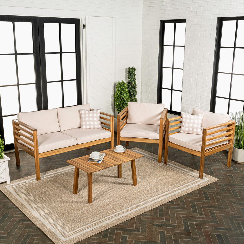 Ensemble de patio extérieur Everly 4 pièces en bois d'acacia moderne du milieu du siècle avec coussins et oreillers décoratifs à carreaux, par JONATHAN Y