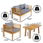 Ensemble de patio extérieur Everly 4 pièces en bois d'acacia moderne du milieu du siècle avec coussins et oreillers décoratifs à carreaux, par JONATHAN Y