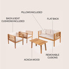 Ensemble de patio extérieur Everly 4 pièces en bois d'acacia moderne du milieu du siècle avec coussins et oreillers décoratifs à carreaux, par JONATHAN Y