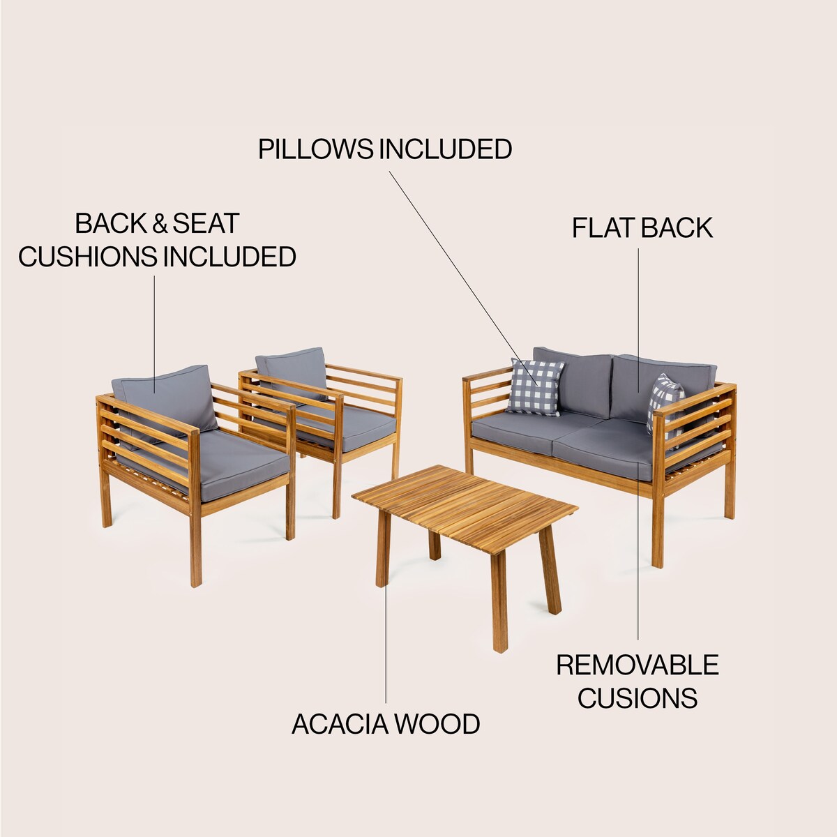 Ensemble de patio extérieur Everly 4 pièces en bois d'acacia moderne du milieu du siècle avec coussins et oreillers décoratifs à carreaux, par JONATHAN Y