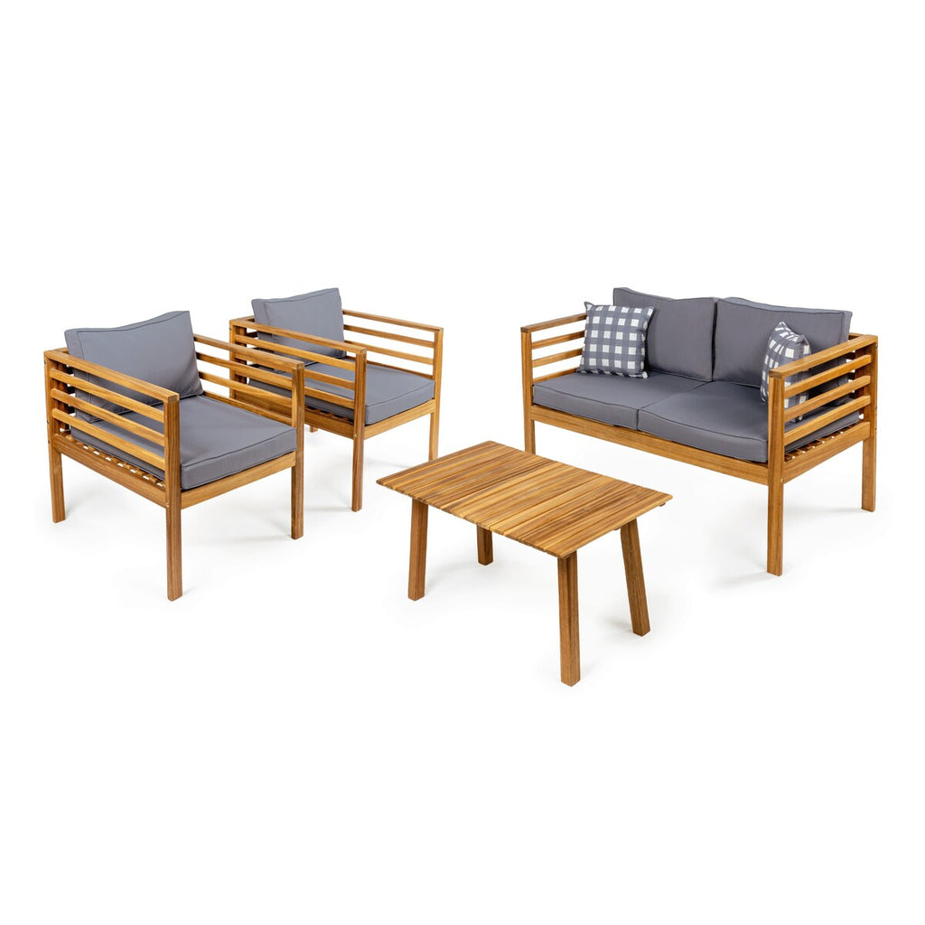Ensemble de patio extérieur Everly 4 pièces en bois d'acacia moderne du milieu du siècle avec coussins et oreillers décoratifs à carreaux, par JONATHAN Y