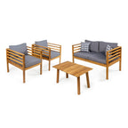 Ensemble de patio extérieur Everly 4 pièces en bois d'acacia moderne du milieu du siècle avec coussins et oreillers décoratifs à carreaux, par JONATHAN Y
