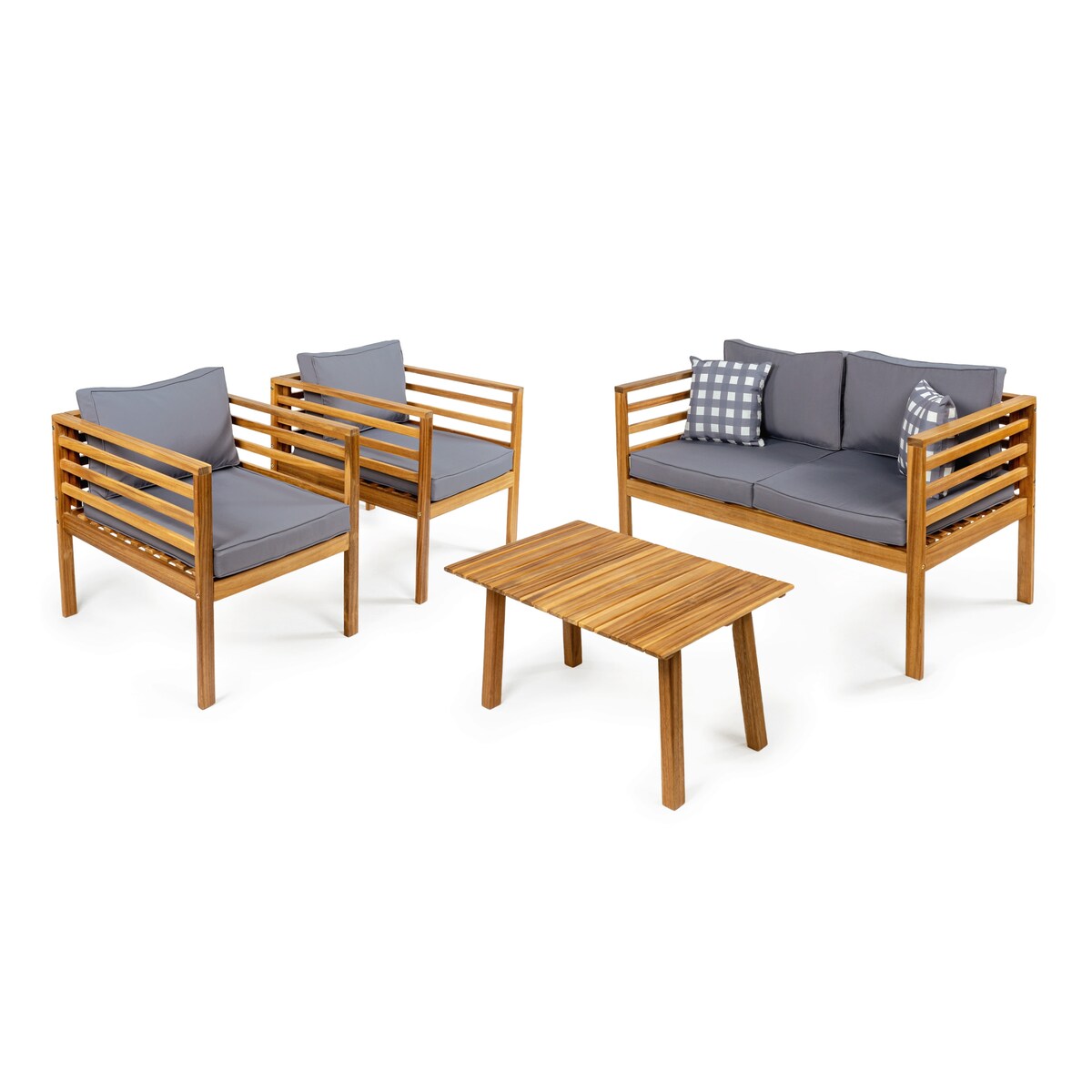 Ensemble de patio extérieur Everly 4 pièces en bois d'acacia moderne du milieu du siècle avec coussins et oreillers décoratifs à carreaux, par JONATHAN Y