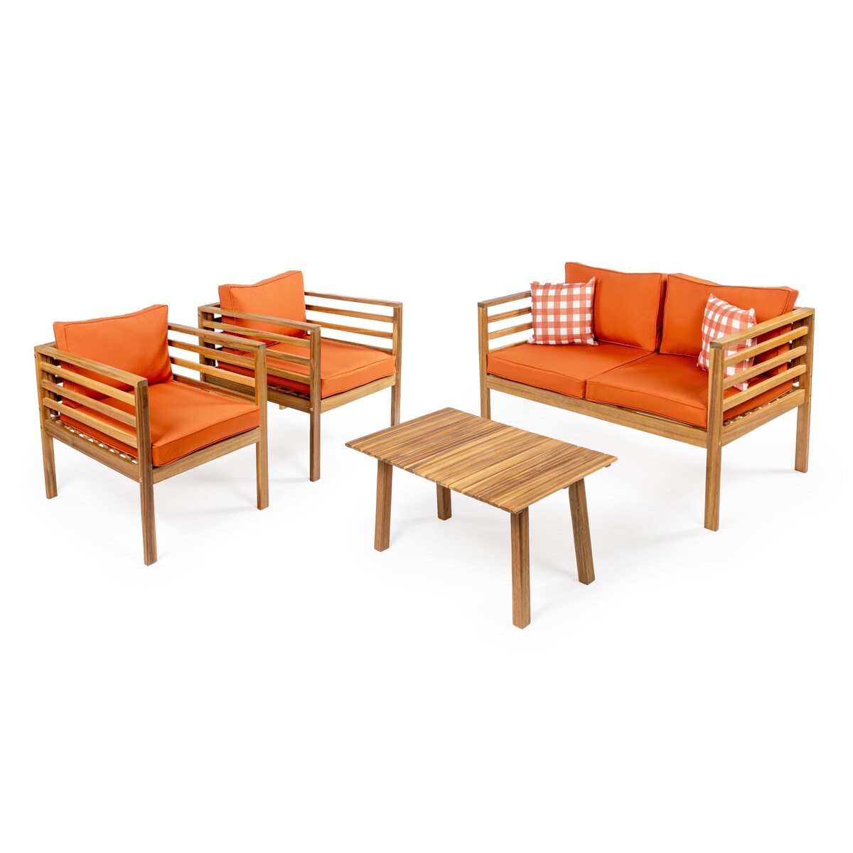 Ensemble de patio extérieur Everly 4 pièces en bois d'acacia moderne du milieu du siècle avec coussins et oreillers décoratifs à carreaux, par JONATHAN Y