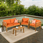 Ensemble de patio extérieur Everly 4 pièces en bois d'acacia moderne du milieu du siècle avec coussins et oreillers décoratifs à carreaux, par JONATHAN Y