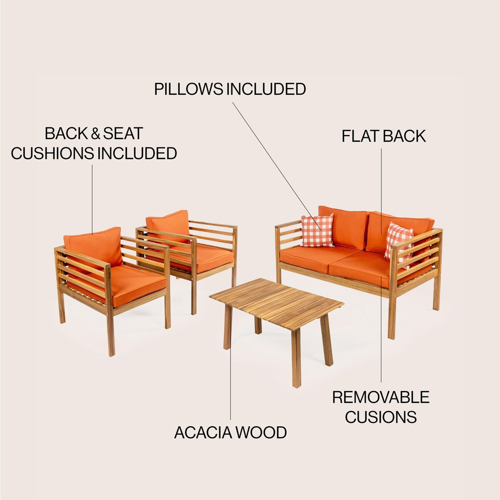 Ensemble de patio extérieur Everly 4 pièces en bois d'acacia moderne du milieu du siècle avec coussins et oreillers décoratifs à carreaux, par JONATHAN Y
