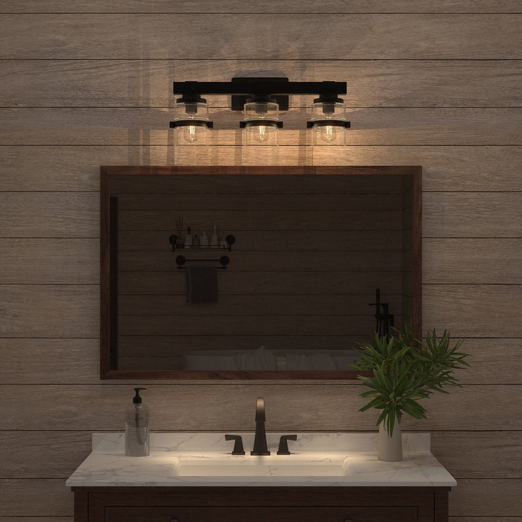 Applique murale de salle de bain ExBrite Farmhouse à 3 lumières, en fer noir, à intensité variable