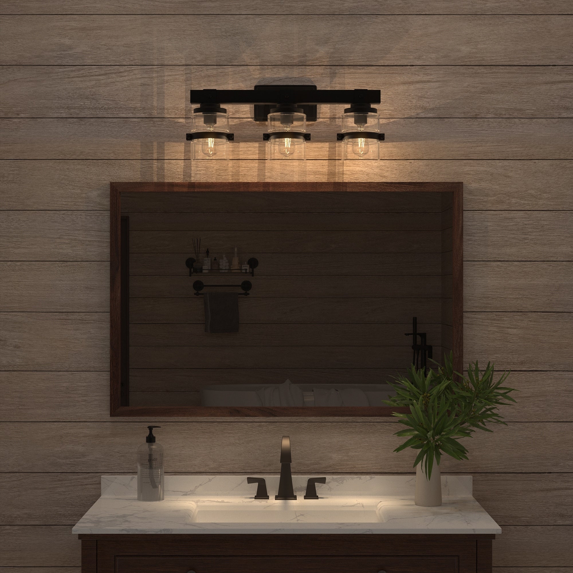 Applique murale de salle de bain ExBrite Farmhouse à 3 lumières, en fer noir, à intensité variable