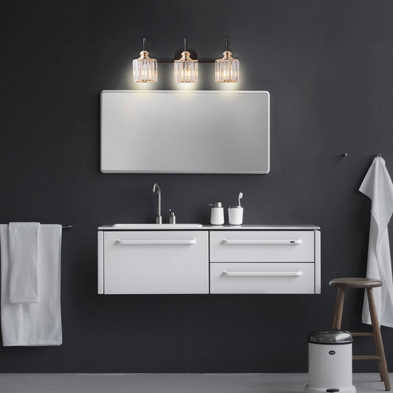 Appliques murales modernes ExBrite en cristal doré rose à 1, 2, 3, 4 ou 5 lumières pour salle de bain, à intensité variable