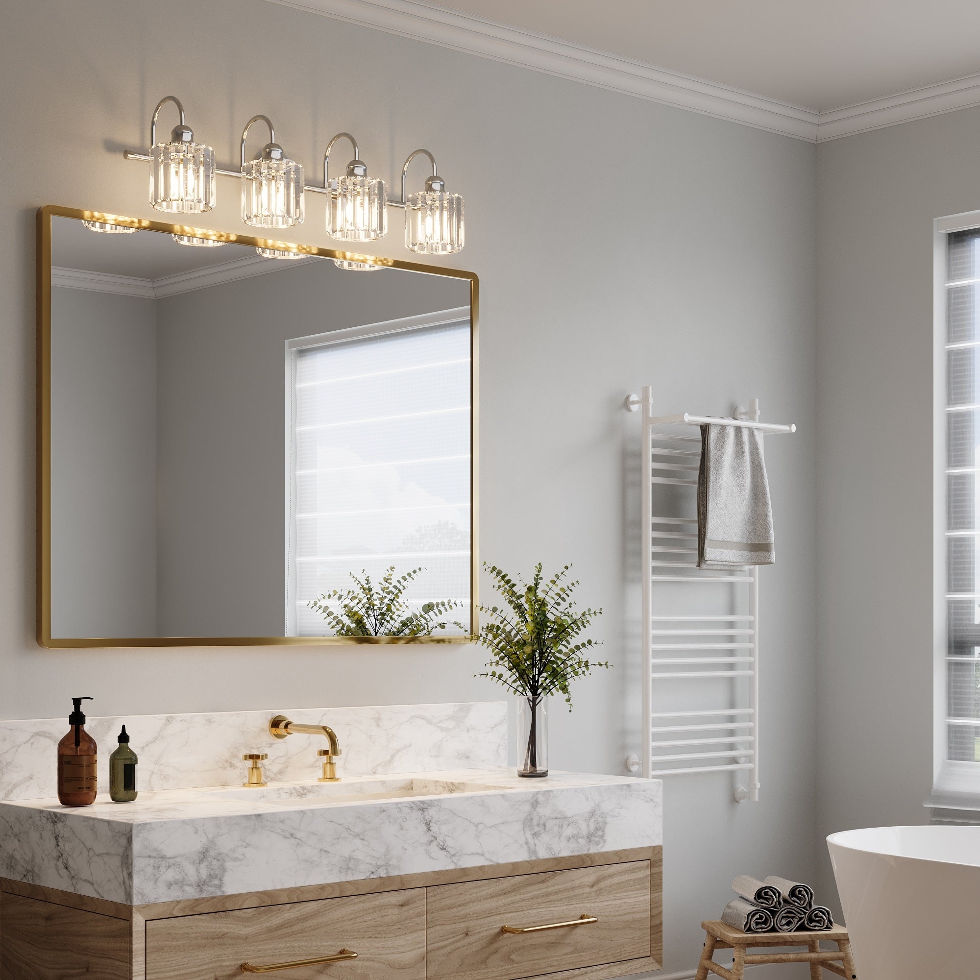 Appliques murales modernes ExBrite en cristal doré rose à 1, 2, 3, 4 ou 5 lumières pour salle de bain, à intensité variable