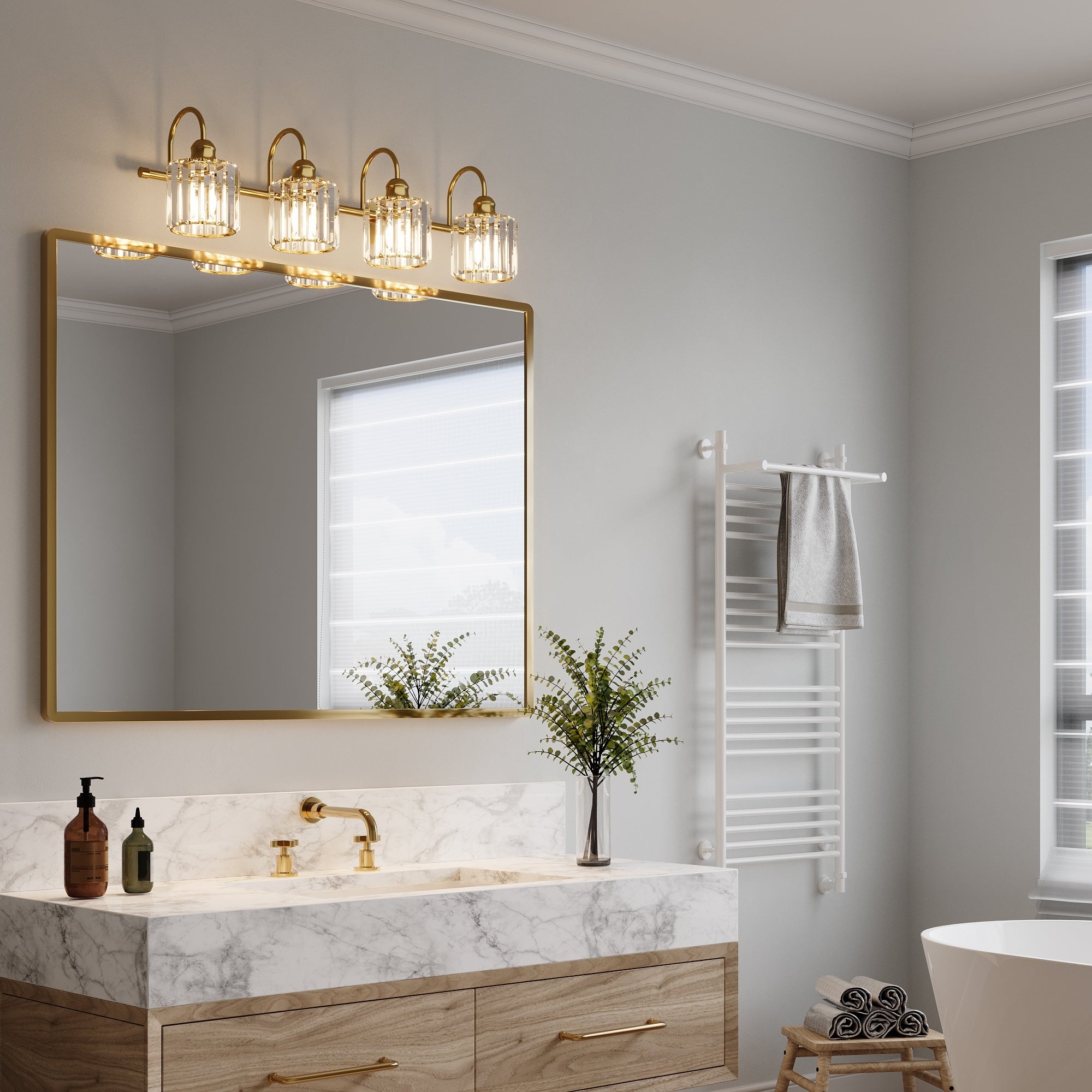 Appliques murales modernes ExBrite en cristal doré rose à 1, 2, 3, 4 ou 5 lumières pour salle de bain, à intensité variable