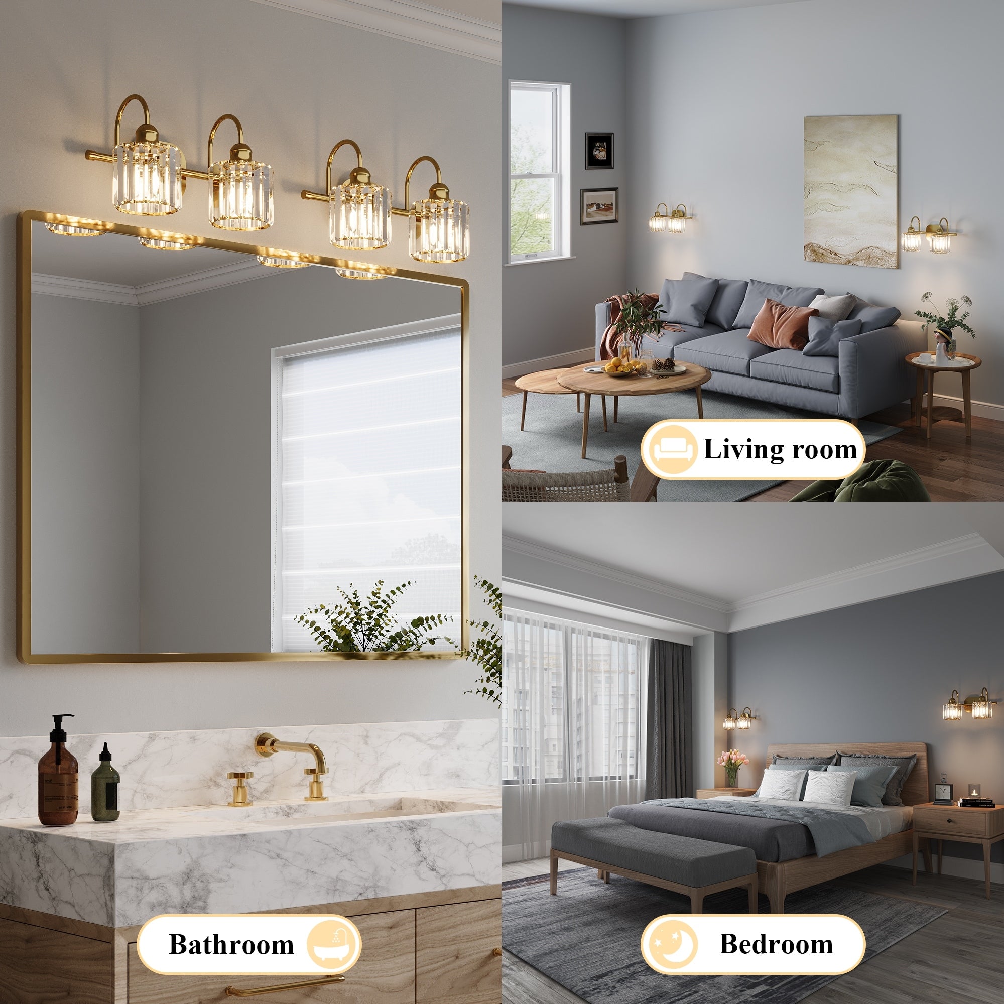 Appliques murales modernes ExBrite en cristal doré rose à 1, 2, 3, 4 ou 5 lumières pour salle de bain, à intensité variable